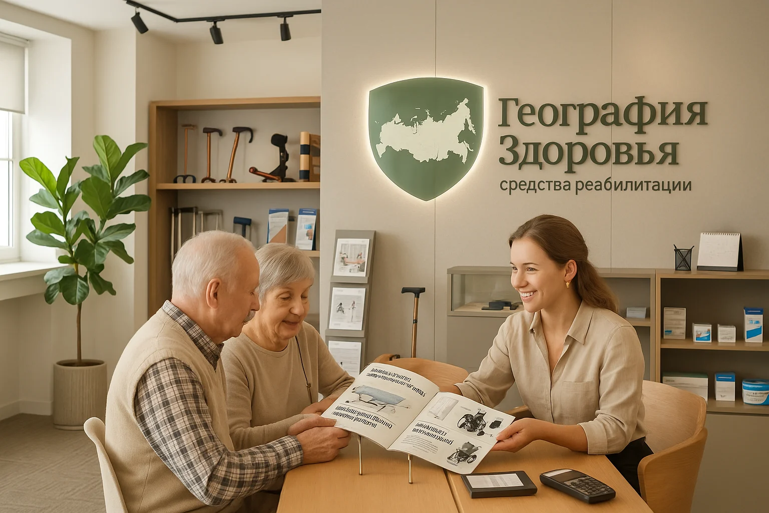 Консультант помогает пожилой паре выбрать оборудование